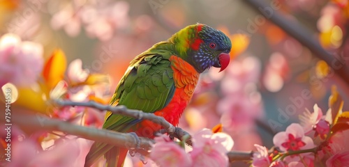 A picturesque moment of a parrot on a blossoming branch, the vibrant feathers harmonizing with nature's colorful display.