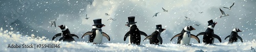 Elegant penguins in bowler hats gather for a snowy soiree their sophisticated attire a contrast to the wild landscape