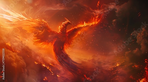 A legendary phoenix soars with fiery wings spread wide, rising from the ashes against a backdrop of flames and smoke.