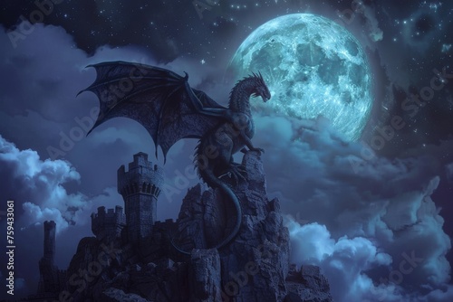 An epic digital art piece depicting a dragon overlooking a moonlit kingdom from atop rugged cliffs.