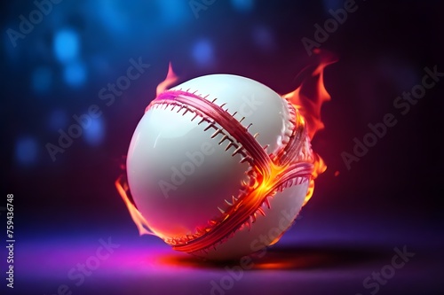 World Cricket Day April 24. Macro shot of flying cricket leather ball through the air with fire and smoke on black background. Red stitched cricket ball spins and bounces transition. Fireball