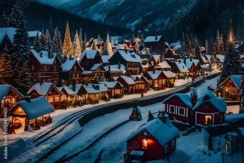 Festive holiday village with miniature houses and a miniature train 
