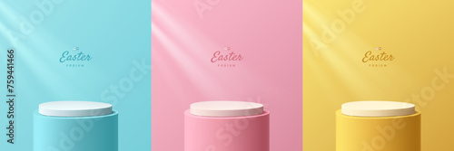 Set of 3D happy easter day background with Yellow, blue, pink and white podium in oval egg shape scene. Pastel minimal scene abstract room. Mockup product display. Geometric platforms. Stage showcase.