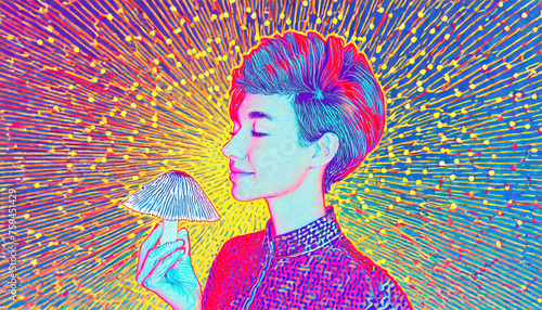 A highly stylized psychedelic, colorful illustration of a young woman holding a magic mushroom with beams of light emanating