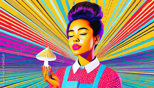 A highly stylized psychedelic, colorful illustration of a young woman holding a magic mushroom 
