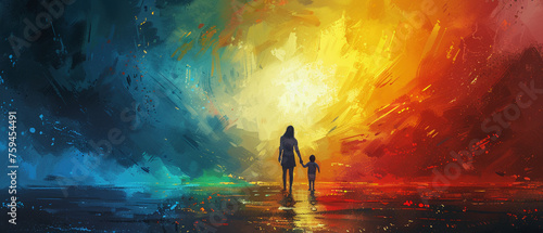 An inspirational poster featuring a mother and her autistic child standing hand in hand looking towards a horizon painted in vibrant spectrum colors