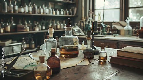 Vintage laboratory with old books, bottles and magic elixir.