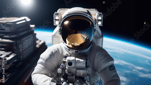 Spaceman astronaut floating in outer space. Earth planet and space station on background. Designed for fantastic, futuristic, science or space travel backgrounds. Earth day cosmonautics day concept
