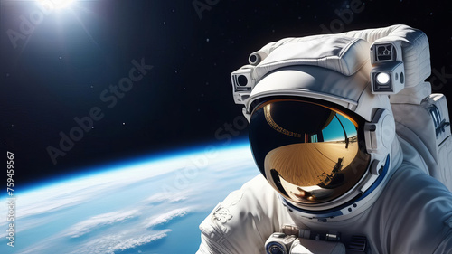 Spaceman astronaut floating in outer space. Earth planet on background. Designed for fantastic, futuristic, science or space travel backgrounds. Banner copy space. Earth day cosmonautics day concept