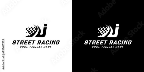 Letter J with Racing flag icon on black and white background, racing,automotive,road logo