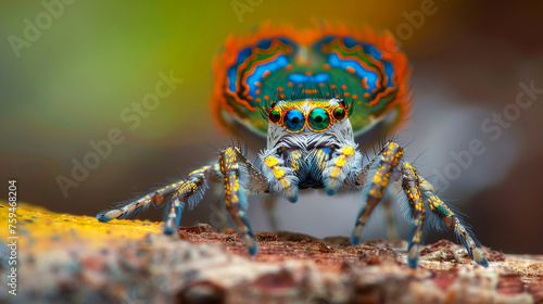 Dazzling peacock spider in its courtship dance, a microcosm of vibrant colors and patterns