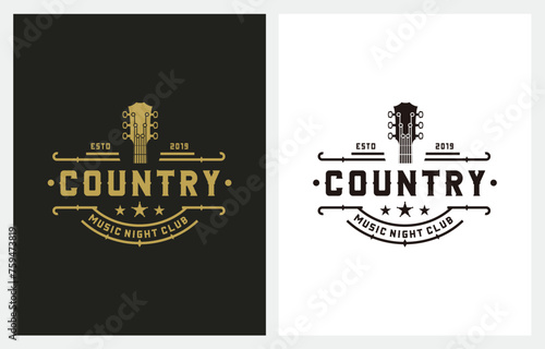 Country Guitar Music Western Vintage Retro Bar Cafe Logo Design