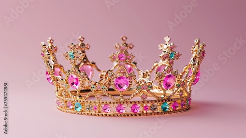 Elegant Royal Crown Adorned with Gold, Precious Gems, and a Symbolic Cross on a Rich Pink Background