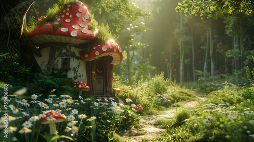 Retraite de conte de fées fantaisiste : un havre de forêt magique avec une maison aux champignons miniature, un chemin enchanteur vers une demeure d'elfe ou d'animal