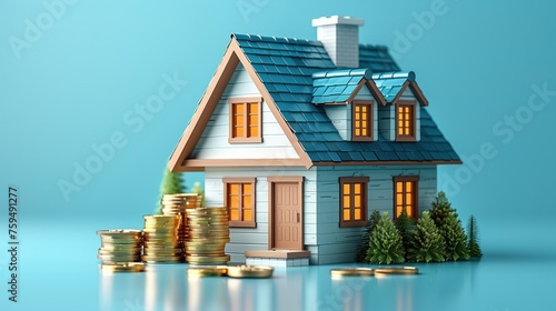 Real estate and piles of coins, saving money for a home loan Financial assets concept financial investment Stack of coins and small house bank