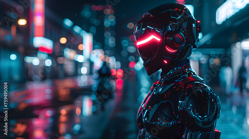 Symphonie cybernétique : un cyborg de science-fiction dans une métropole cyberpunk éclairée au néon et conçue par l'IA générative