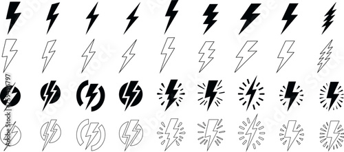 Lightning bolt icons set, black outline of flash lightning bolt icon vector illustration. Energy, power symbol.