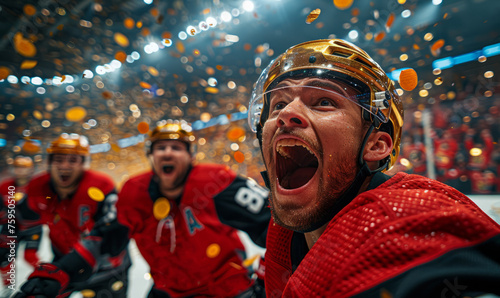 Professional ice hockey player celebrating the league win, wearing gold helmet - Inside a big arena with a big crowd and gold confetti