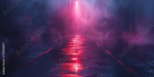 A street in the city with a red light on it, blacktop reflection of neon lights a searchlight smoke.