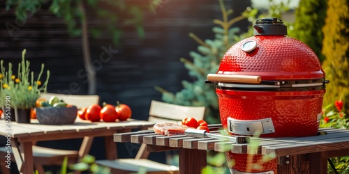 Red ceramic BBQ in a garden party setting