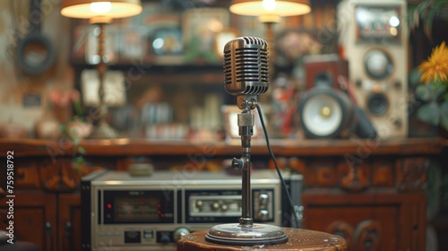 Classic microphone and vintage radio on wooden surface.