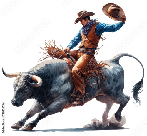 Watercolor illustration of a cowboy riding a bull at a rodeo.