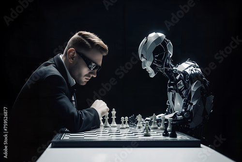 Businessman and AI robot playing chess. Concept of human and robot war in future
