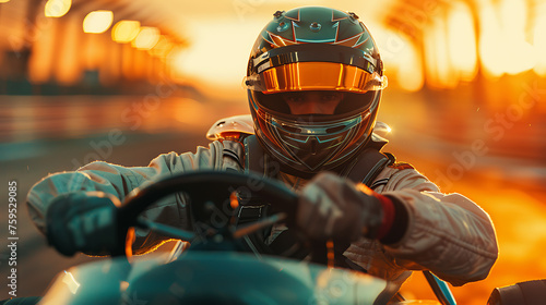 A Driver in Gear and Helmet Drives a Racing Car, Speeding Action on Race Track, Motorsport Athlete Competing in Championship, Professional Car Racing Scene, Thrilling Sport Competition, Generative AI 