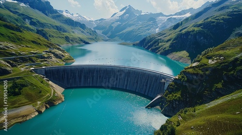 A sustainable hydroelectricity source in the Swiss Alps using a dam and lake to reduce carbon emissions and combat climate change, seen from above during summer.