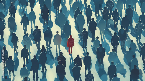 man in red jacket in a crowd of people top view. concept of loneliness in a crowd.