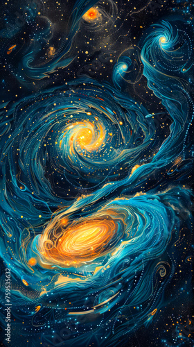 A gavotte of galaxies swirling in the cosmos, drawn, mobile phone wallpaper