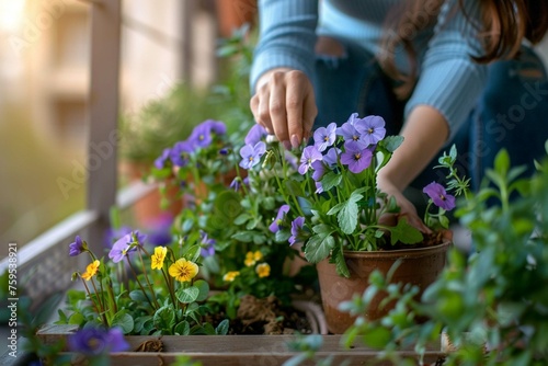 Woman planting flower on balcony at sunny spring day, home gardening