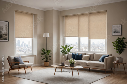 Beige blackout roller blind on windows in stylish modern living room. Shutters on the plastic window.