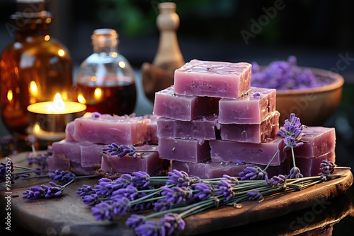 Lavender aroma soap cut and lying on a wooden board with fresh lavender flowers, aromatherapy with lavender flowers.