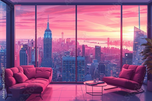 Illustration of a cozy modern high rise penthouse apartment in New York with a cityscape view. The pink interior design is relaxing.