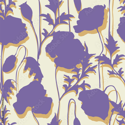 Purple poppies silhouettes seamless pattern with shadows. Abstract modern floral summer print design with meadow flowers for wallpapers, wrapping or fashion textile. Vector illustration.