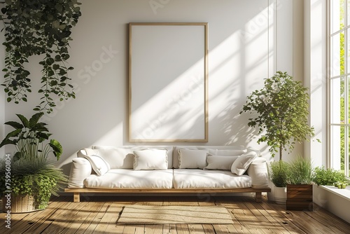White minimalist living room interior with sofa on a wooden floor, decor on a large wall, white landscape in window. Home Nordic interior | Scandinavian interior poster mock up