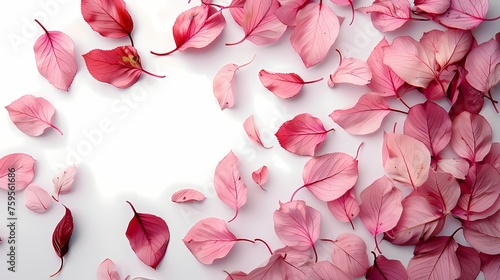 Sweet pink sakura leaves on white background, top down view with space on , white background