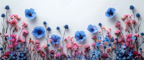 Classic simple with blank copy space on top section Small Blue and Purple Pressed wildflowers with stems laying vertically flat side-by-side on a solid white background 