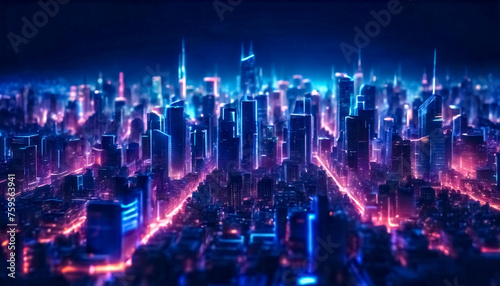 Scintillante Metropoli- Sfondo Urbano con Neon Brillanti su Blu Intenso.