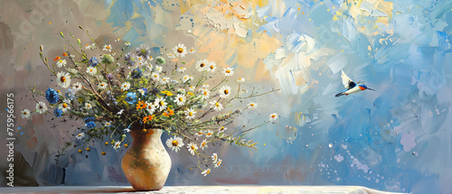 A painting of a vase filled with wildflowers