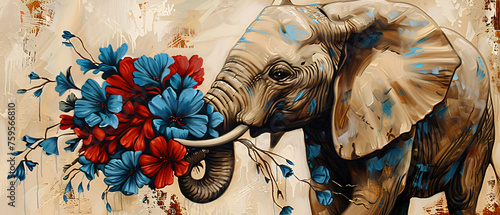 A painting of an elephant holding a bouquet of blue flowers