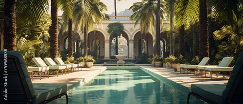 A pool with a fountain surrounded by palm trees 