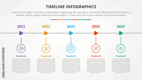 timeline milestone infographic concept with outline circle with arrow shape right direction for slide presentation with 5 point list