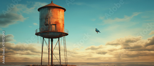A water tower with a bird sitting on top of it.