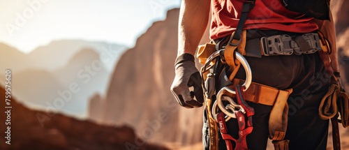 A young strong sporty man is engaged in rock climbing