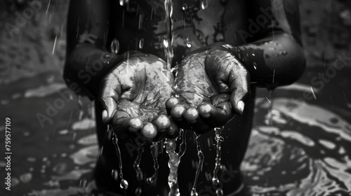 Water Spilling Into Black African Children's Hands (Drought / Water Scarcity symbol). Water scarcity is the lack of sufficient available water resources to meet the demands of water usage. 