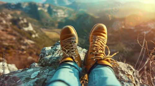 A pair of yellow shoes sitting on top of a rock