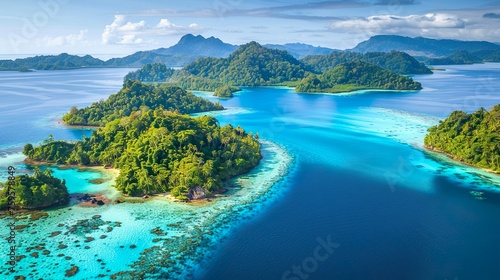 Aerial view of tropical islands with crystal-clear water