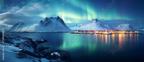 Aurora borealis over the sea coast snowy mountains and